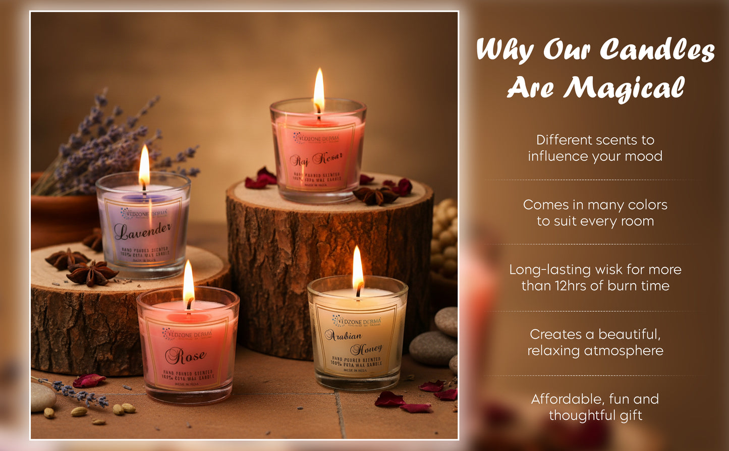 Arabian honey + Lavender + Raj kesar + Rose Candles - Pack of 4