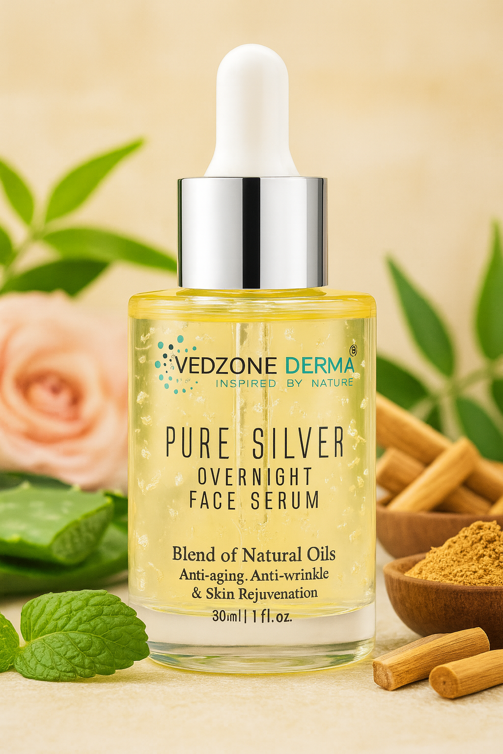 Over-Night Face Serum with Pure Silver - Skin Repair & Anti Aging Serum; 30ml