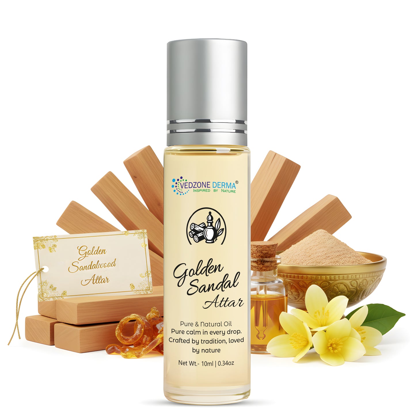 Vedzone Derma Golden Sandal Attar 10ml - The Timeless Luxury of Pure Sandalwood-A Fragrance of Peace & Prestige.