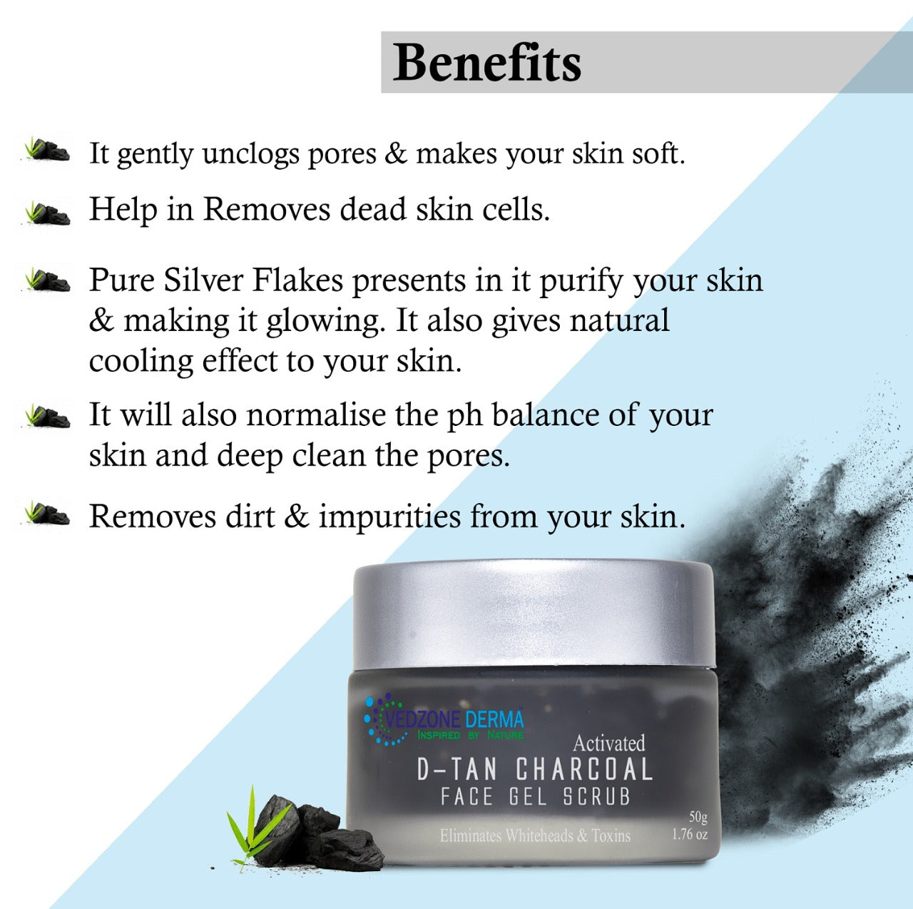 Combo Pack ( D-Tan Charcoal Face Gel Scrub + D-Tan Charcoal Face Pack + Charcoal Face Wash ) for Whiteheads, toxins and Skin Purification