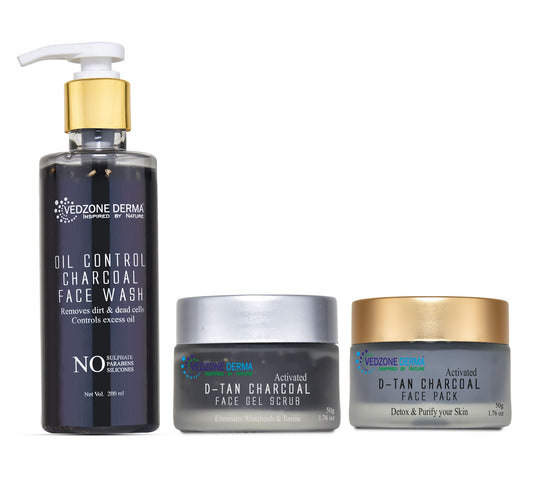 Combo Pack ( D-Tan Charcoal Face Gel Scrub + D-Tan Charcoal Face Pack + Charcoal Face Wash  ) for Whiteheads, toxins and Skin Purification