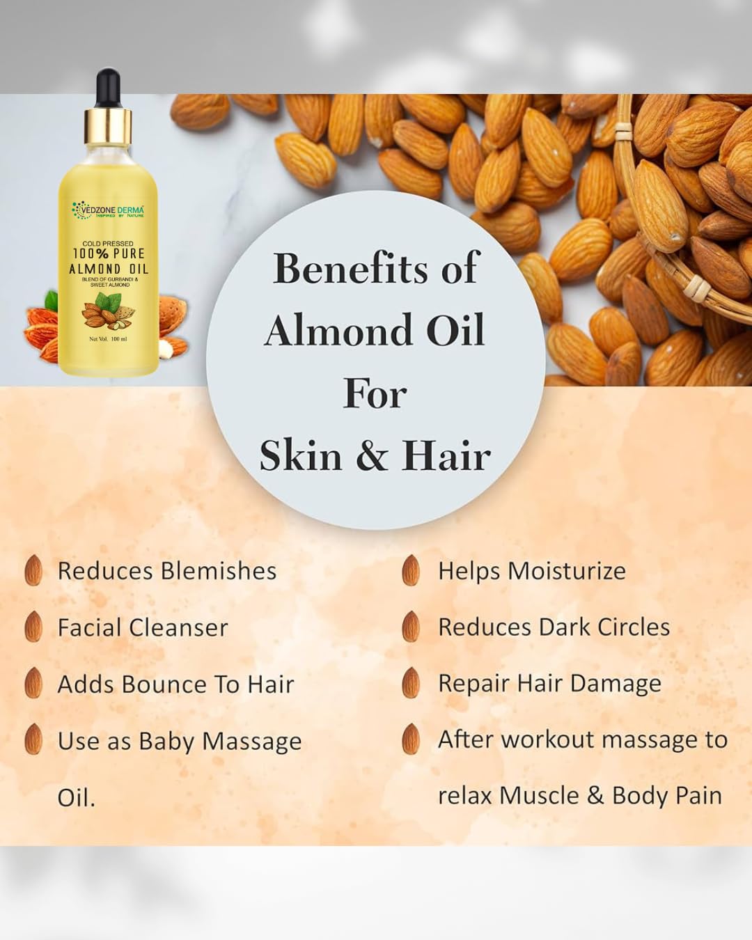 Pure Almond Oil -For Stronger Hair, Skin & Nails - No Mineral Oil & Silicones -100ml…