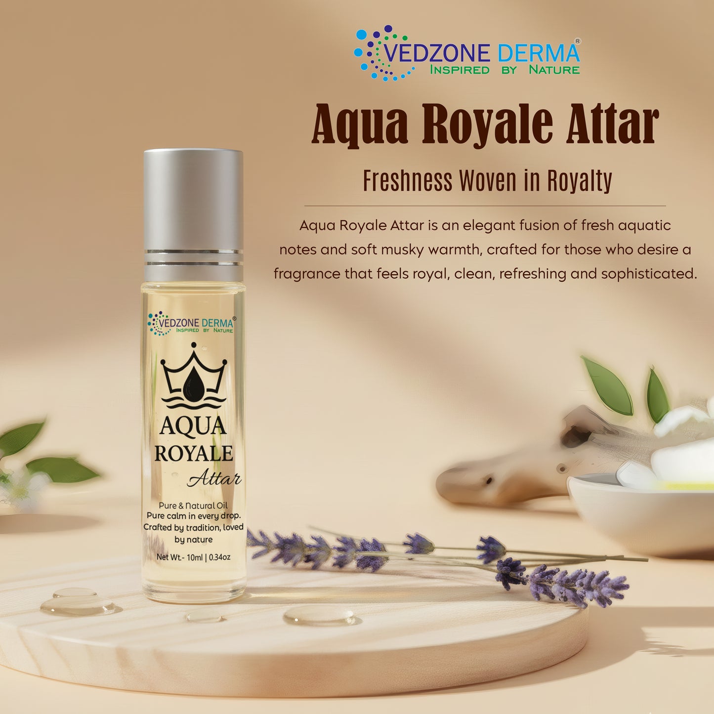 Vedzone Derma Aqua Royale Attar 10ml - Aqua Royale Attar Freshness Fit for Royalty-Rule the Day, Refresh the Senses.