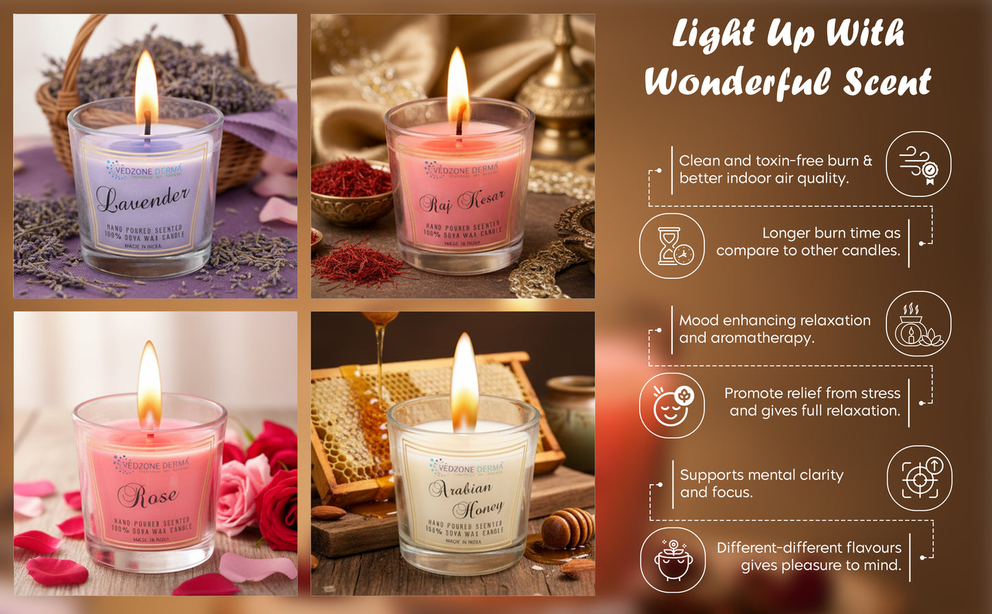 Arabian honey + Lavender + Raj kesar + Rose Candles - Pack of 4