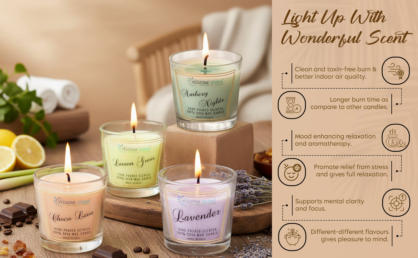 Choco lava  + Ambery nights  + Lemon grass + Lavender  - Pack of 4