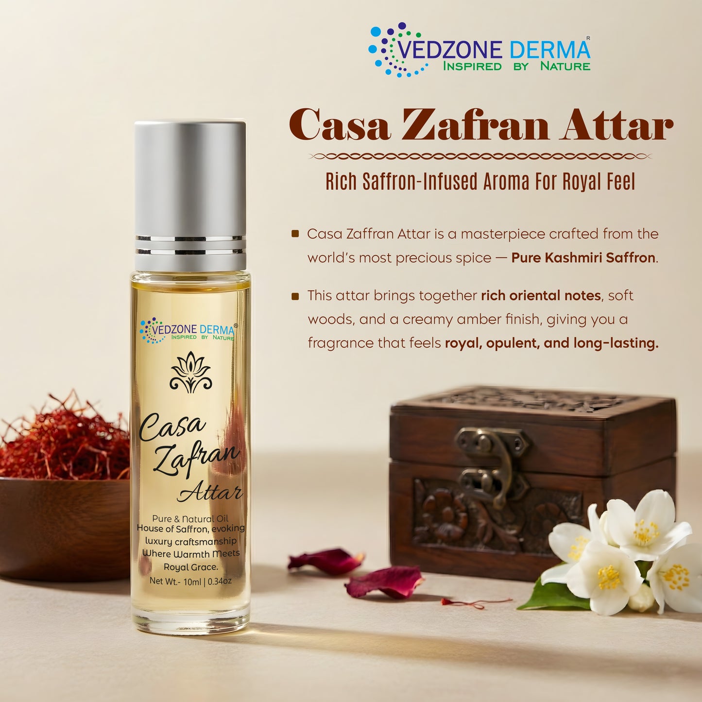 Vedzone Derma Casa Zafran Attar 10ml - The Luxury of Saffron, Captured in Every Drop-A Fragrance as Precious as Gold.