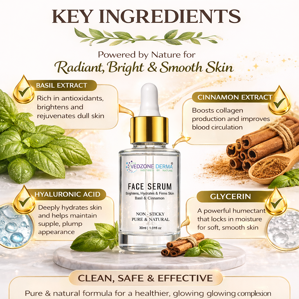 Ayurvedic Face Serum For Brightens, Hydrates & Firms Skins With Basil & Cinnamon; 30ml
