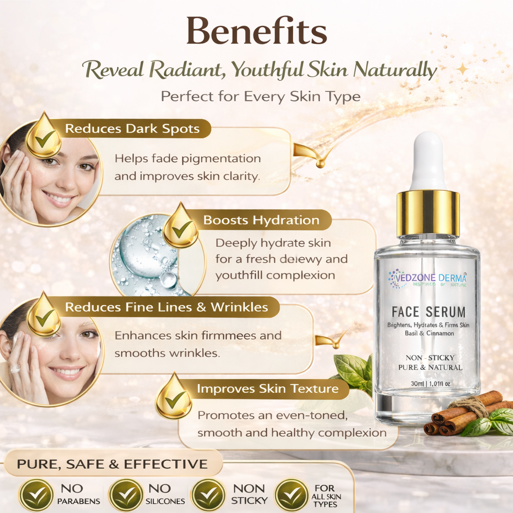 Ayurvedic Face Serum For Brightens, Hydrates & Firms Skins With Basil & Cinnamon; 30ml