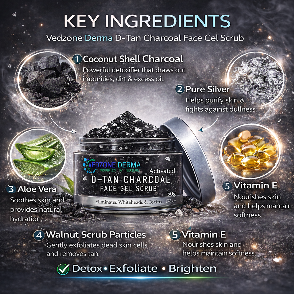 Ayurvedic activated D-Tan Charcoal Face Gel Scrub, 50 gm.