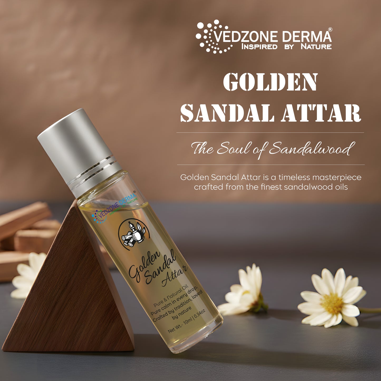 Vedzone Derma Golden Sandal Attar 10ml - The Timeless Luxury of Pure Sandalwood-A Fragrance of Peace & Prestige.