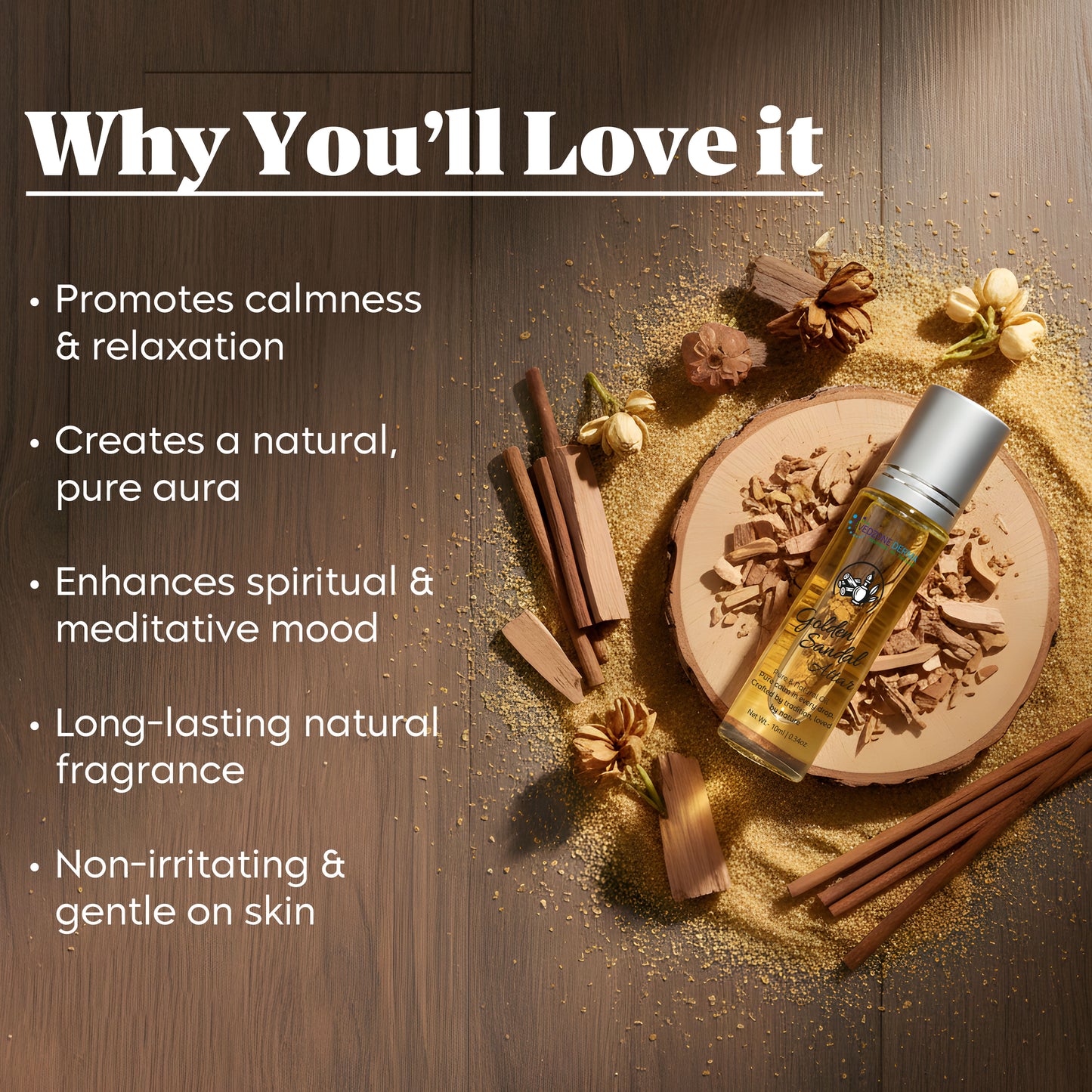 Vedzone Derma Golden Sandal Attar 10ml - The Timeless Luxury of Pure Sandalwood-A Fragrance of Peace & Prestige.