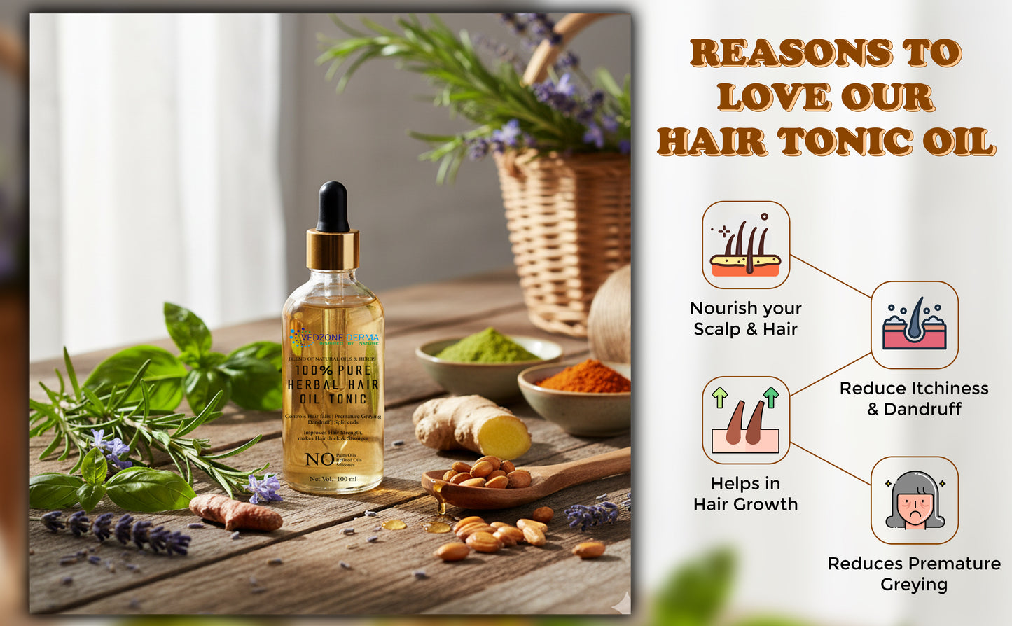 100% Pure Ayurvedic Hair Oil Tonic - Multiple Benefits; 100ml