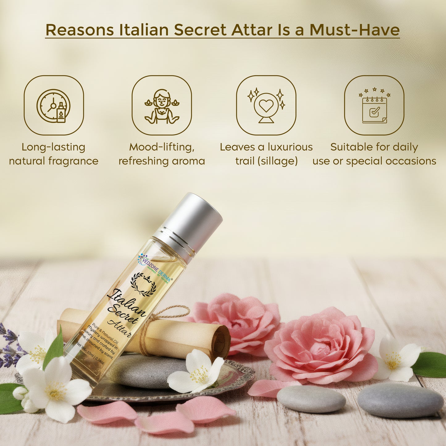 Vedzone Derma Italian Secret Attar 10ml - A Fragrance Wrapped in Mystery & Elegance - Inspired by Italy. Crafted for You