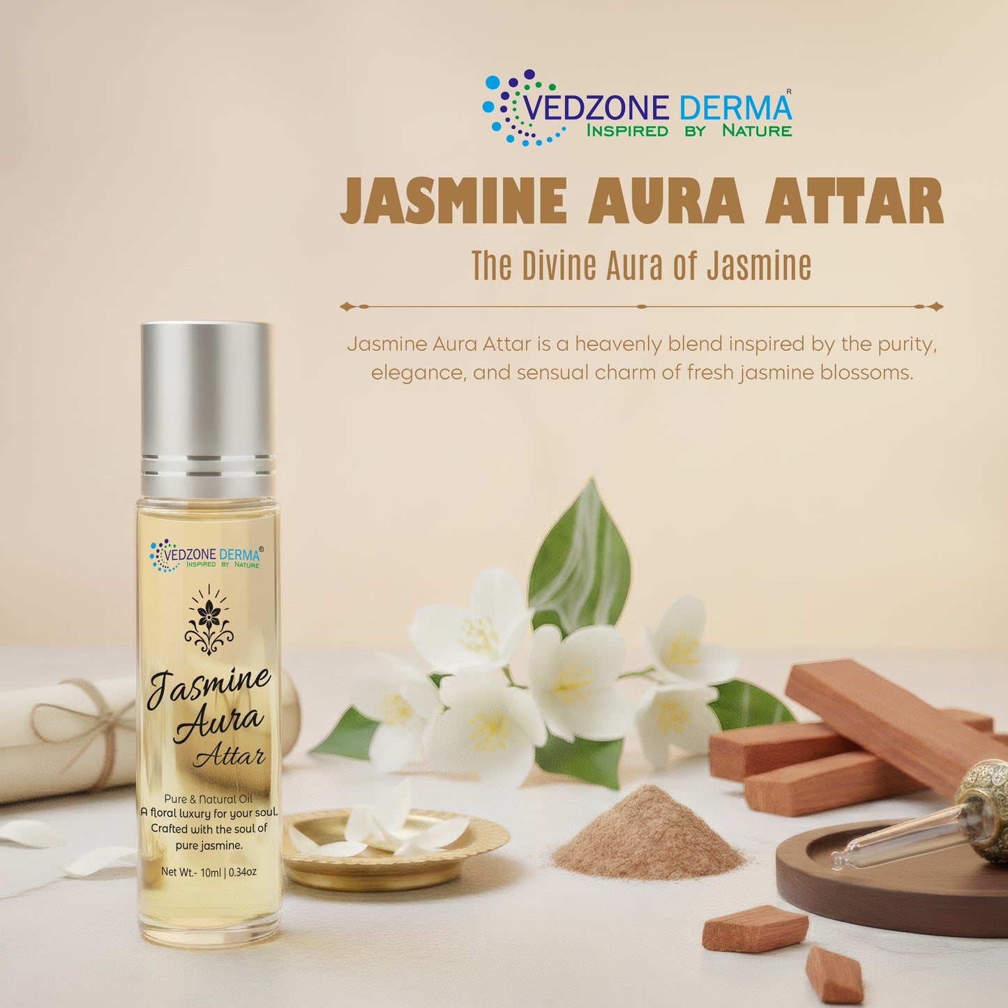 Vedzone Derma Jasmine Aura Attar 10ml - The Grace of Jasmine, The Glow of Elegance- Where Beauty Meets Bloom
