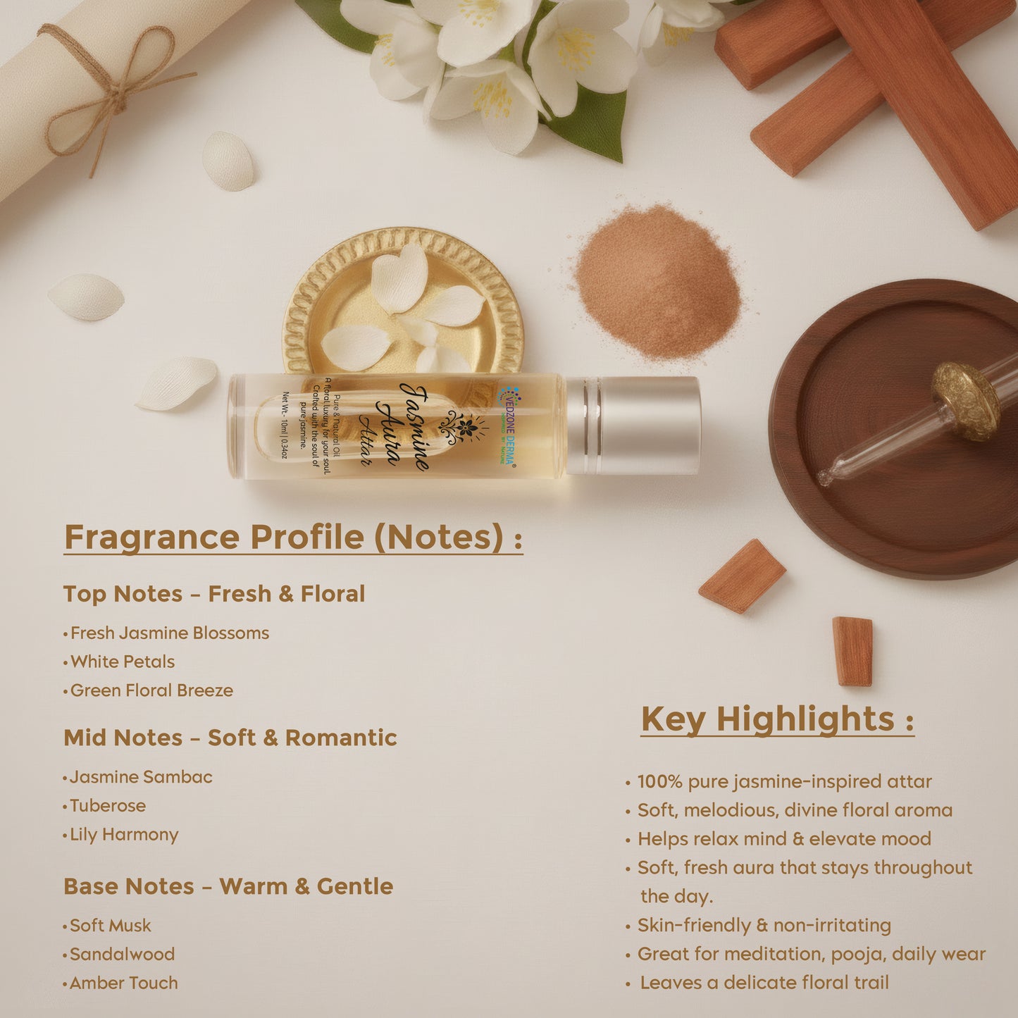 Vedzone Derma Jasmine Aura Attar 10ml - The Grace of Jasmine, The Glow of Elegance- Where Beauty Meets Bloom