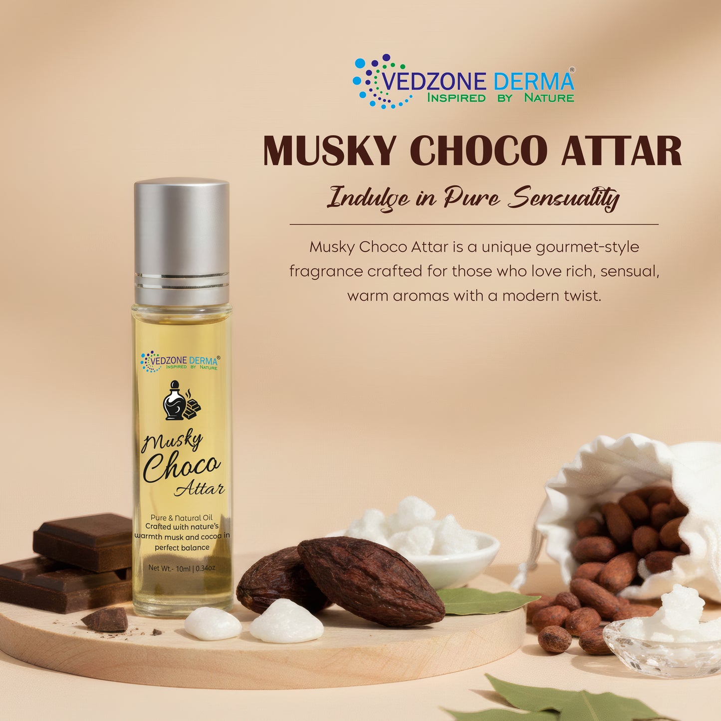 Vedzone Derma Musky Choco Attar 10ml - A Tempting Blend of Musk & Chocolate-Sweet Temptation. Lasting Impression