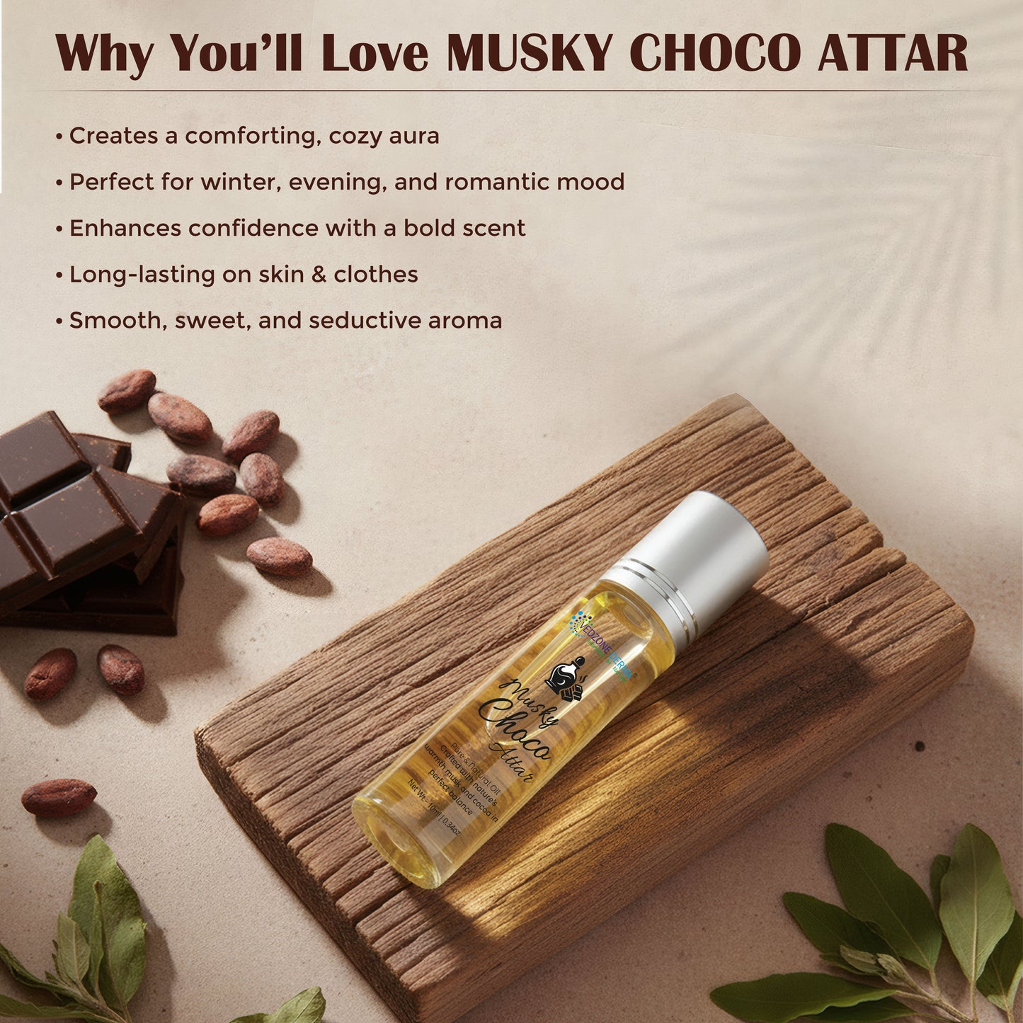 Vedzone Derma Musky Choco Attar 10ml - A Tempting Blend of Musk & Chocolate-Sweet Temptation. Lasting Impression