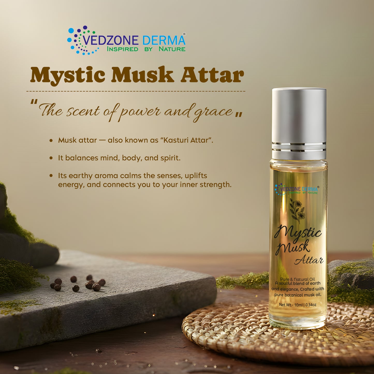 Vedzone Derma Mystic Musk Attar 10ml - The Scent of Mystery & Elegance - Bold. Timeless. Unforgettable.