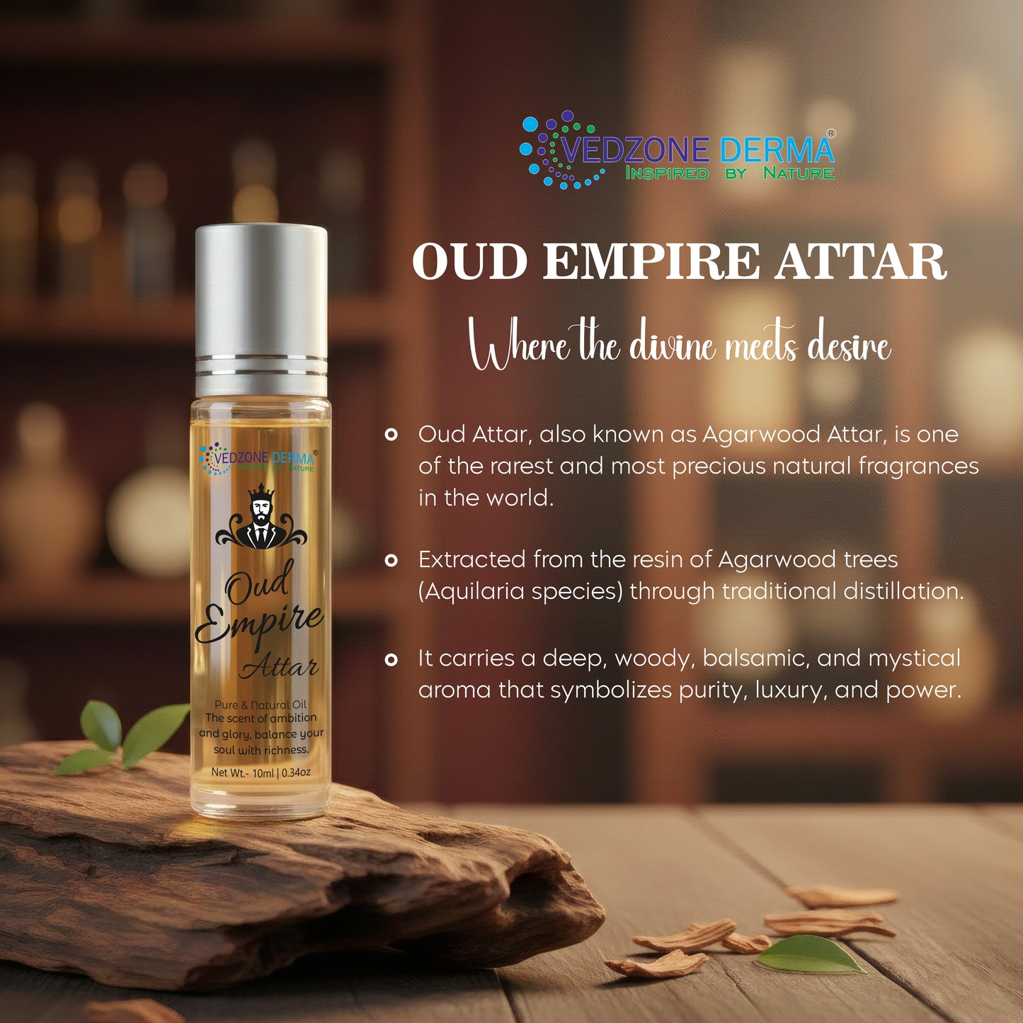 Vedzone Derma Oud Empire Attar 10ml - The Majesty of Oud, Redefined- Rule with Fragrance